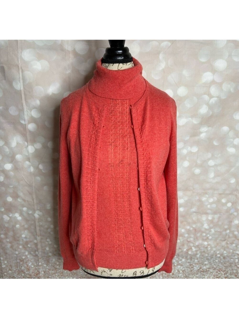 TSE Cashmere Coral Cardigan and Turtleneck Sweater Set Large
